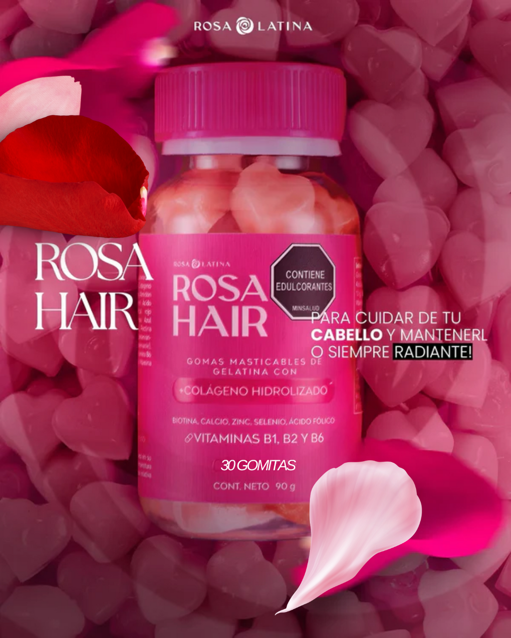 ROSA HAIR -  Refuerza tu belleza con Rosa Hair™ – Activa el crescimiento capilar, reducir caída de calleo, fortalece las uñas y mejora la textura de la piel.