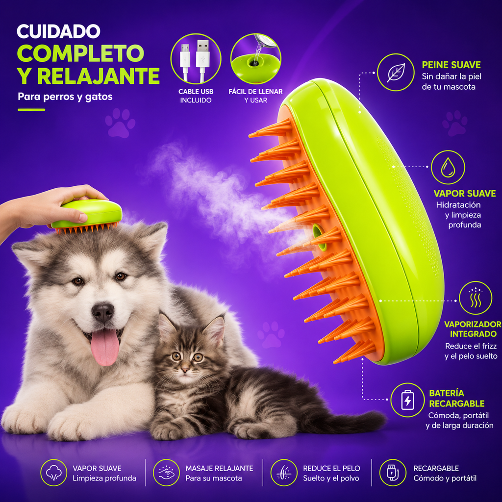 Cepillo de Vapor 3 en 1 para Perros y Gatos🐾