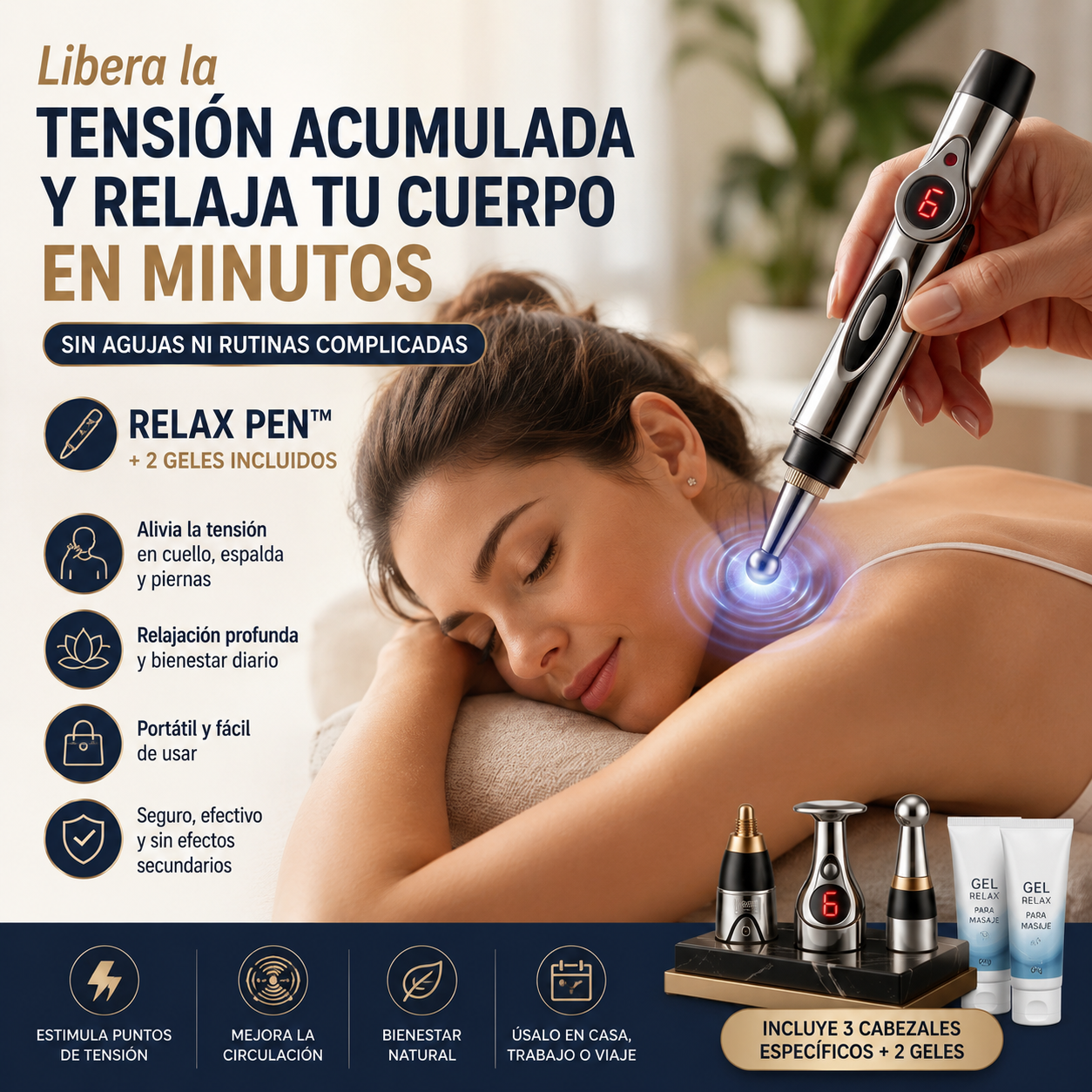 ⚡ Relaja cuello, espalda y piernas en minutos — sin agujas ni rutinas complicadas  💆‍♂️ Relax Pen™ + 2 Geles Incluidos