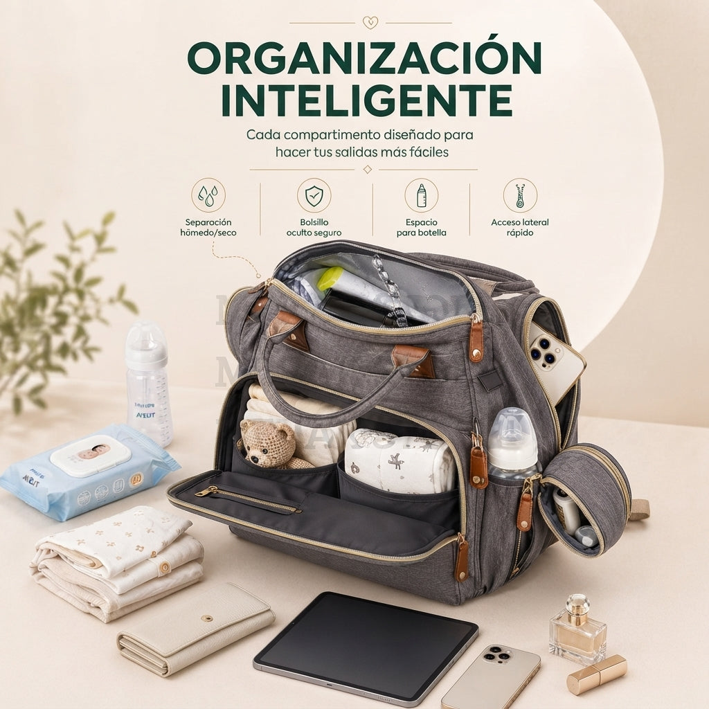La pañalera que mantiene todo organizado, dondequiera que vayas con tu bebé.